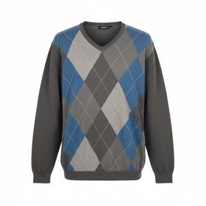 Claiborne Mens Argyle V Neck L/ Sweater Gray Blue Size‎ XXL Cotton Retro Preppy